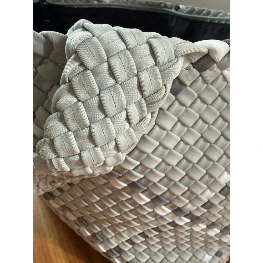 Haute Shore Neoprene Woven Shopper Tote Zip Top Shoulder Bag Gray White - Picture 7 of 16